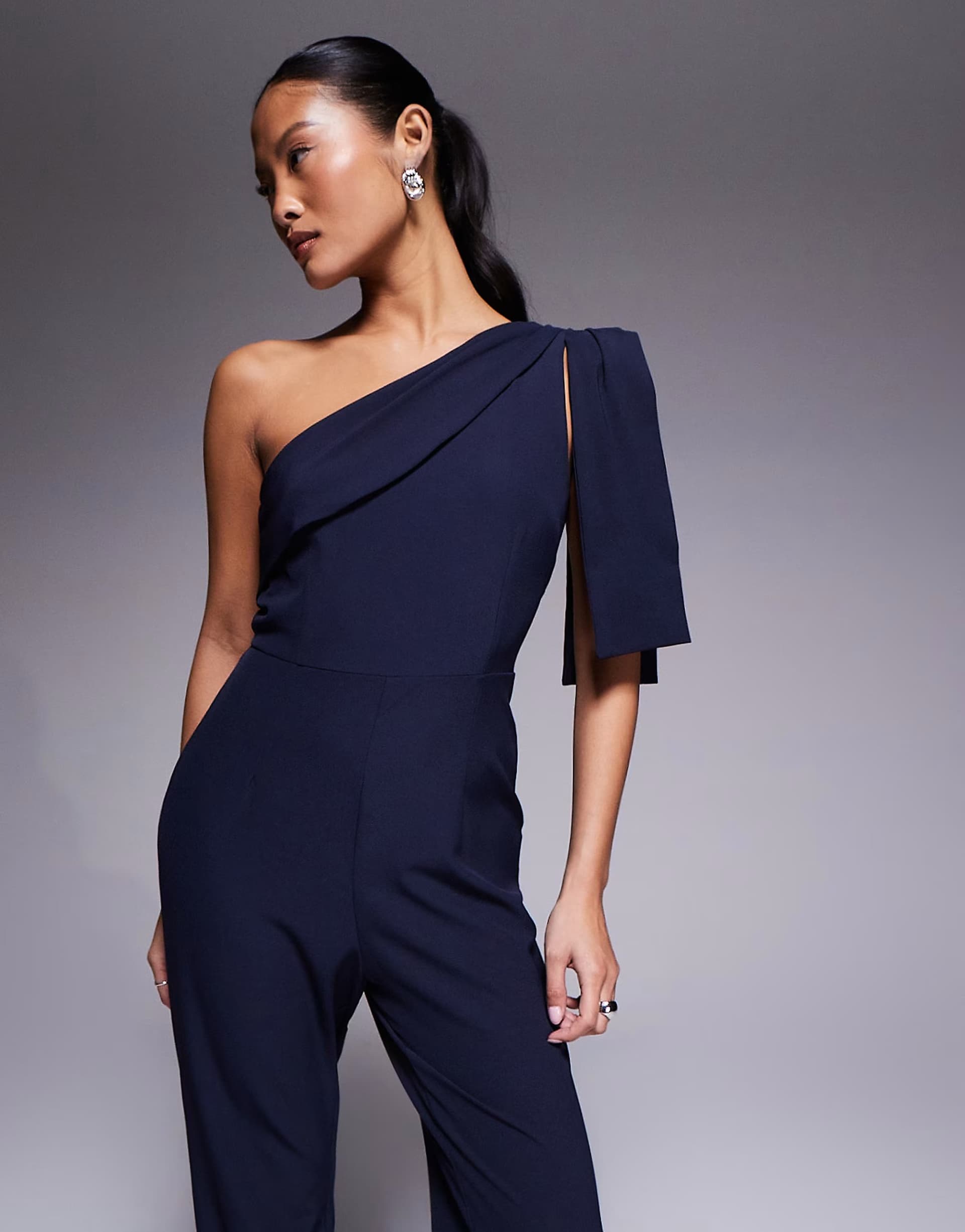 ASOS Vesper Petite One shoulder wide leg jumpsuit in navy