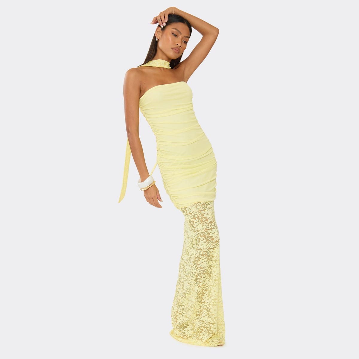 EGO Bandeau Contrast Lace Maxi Dress With Scarf In Lemon, Women's Size UK 6 - 1