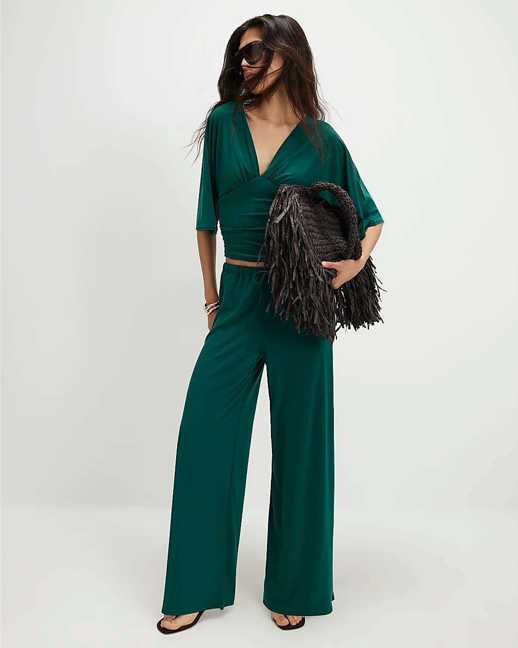 River Island River Island Womens Green Drawstring Wide Leg Trousers