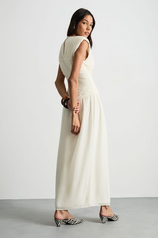 Warehouse Warehouse Women's Ruched Waist Sleeveless Shoulder Pad Detail Maxi Dress in Ivory - 3