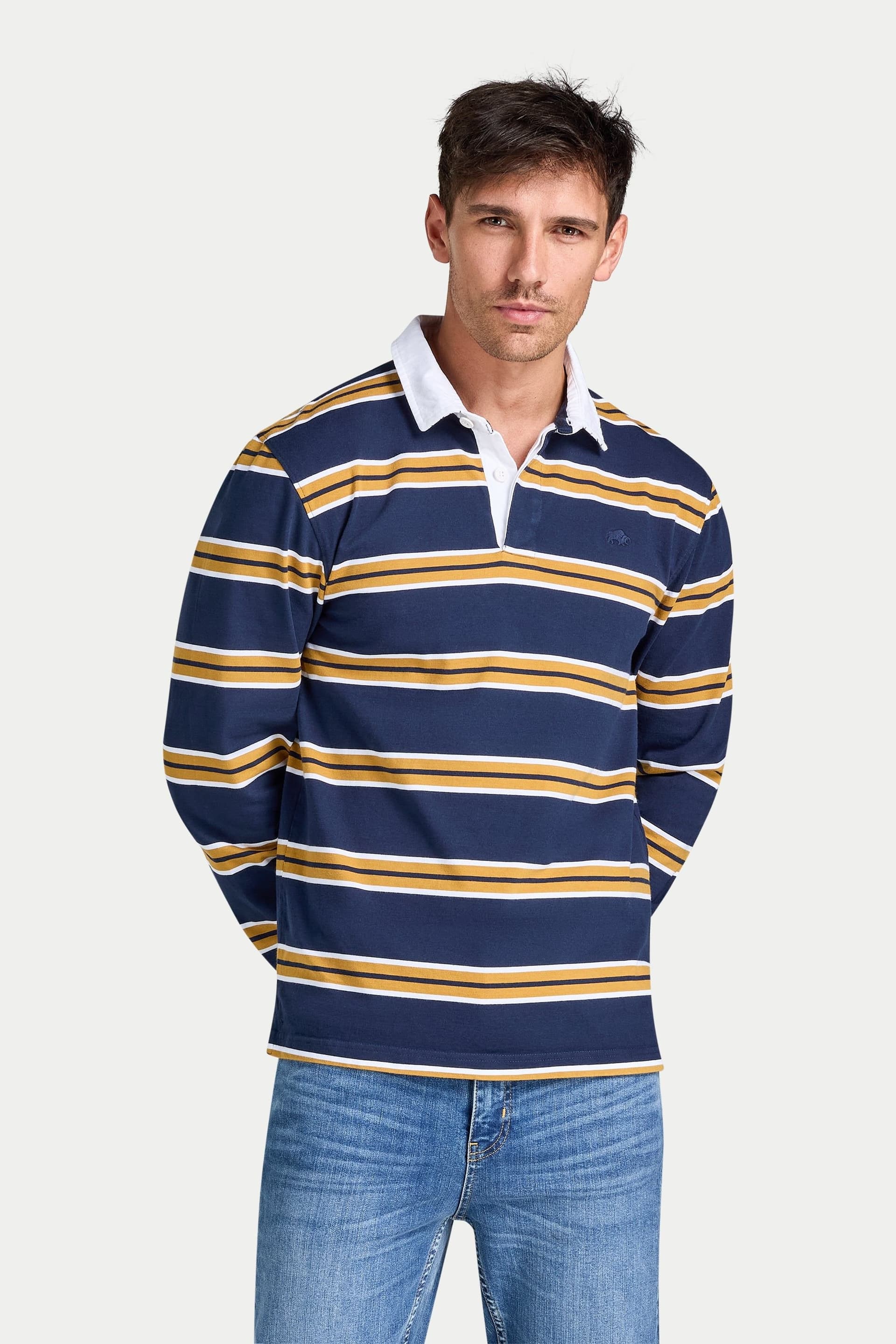 raging bull Raging Bull Men's L/S Tri Colour Stripe Rugby Shirt in Navy