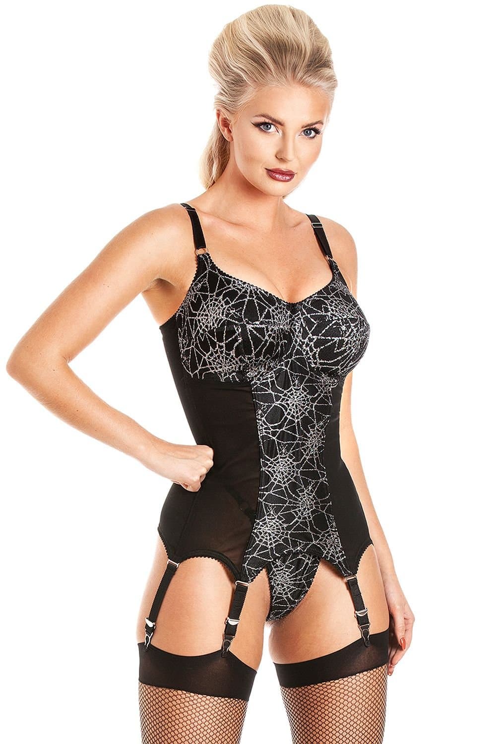 Lady Olga Lady Olga Women's British Made Spiderella Retro Inspired Bottlomless Coreselette Spider Web Design with 6 Straps in Metallic Silver