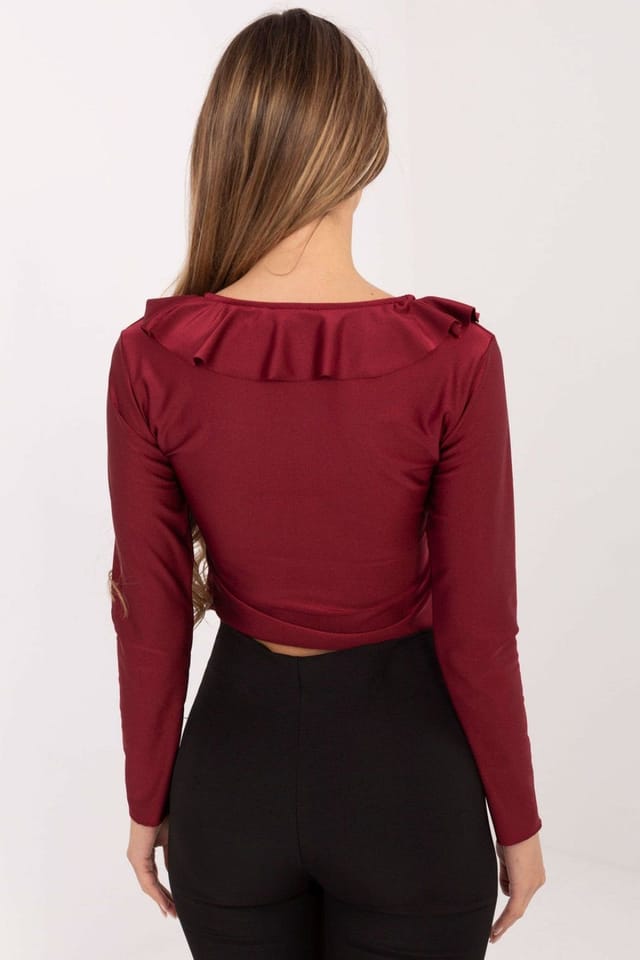 Love Lace Love Lace Women's Elegant Tie Neck Long Sleeve Ruffle Blouse in Burgundy - 3