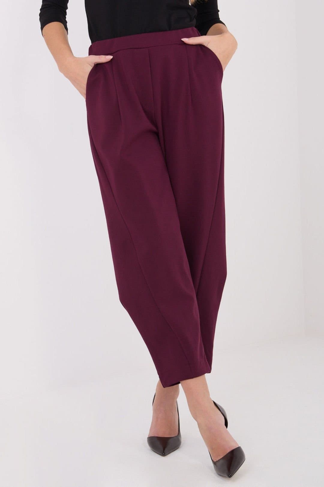 Love Lace Love Lace Women's Comfort High Waist Tapered Trousers with Pockets in Burgundy