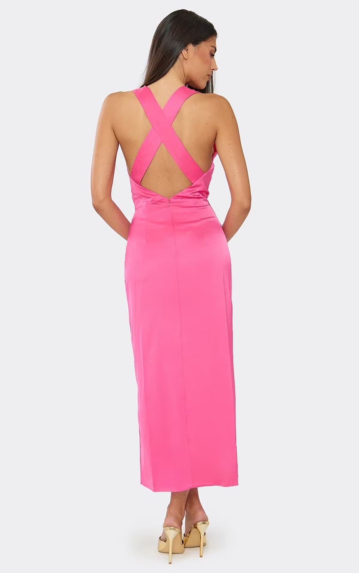 EGO Plunge Neck Lace Trim Maxi Dress In Pink Satin, Women's Size UK 8