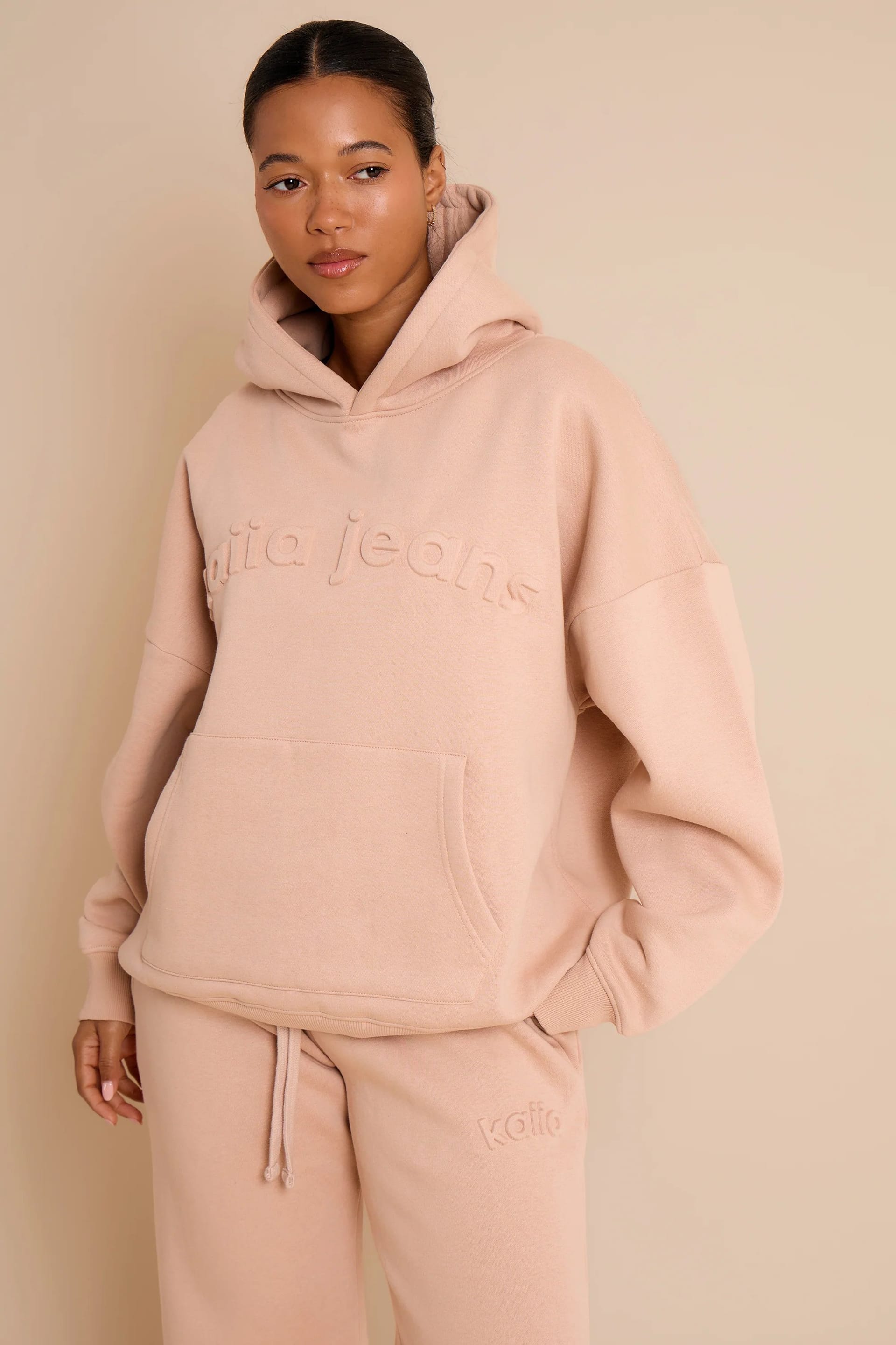 Kaiia Clay Pink Oversized Embossed Hoodie