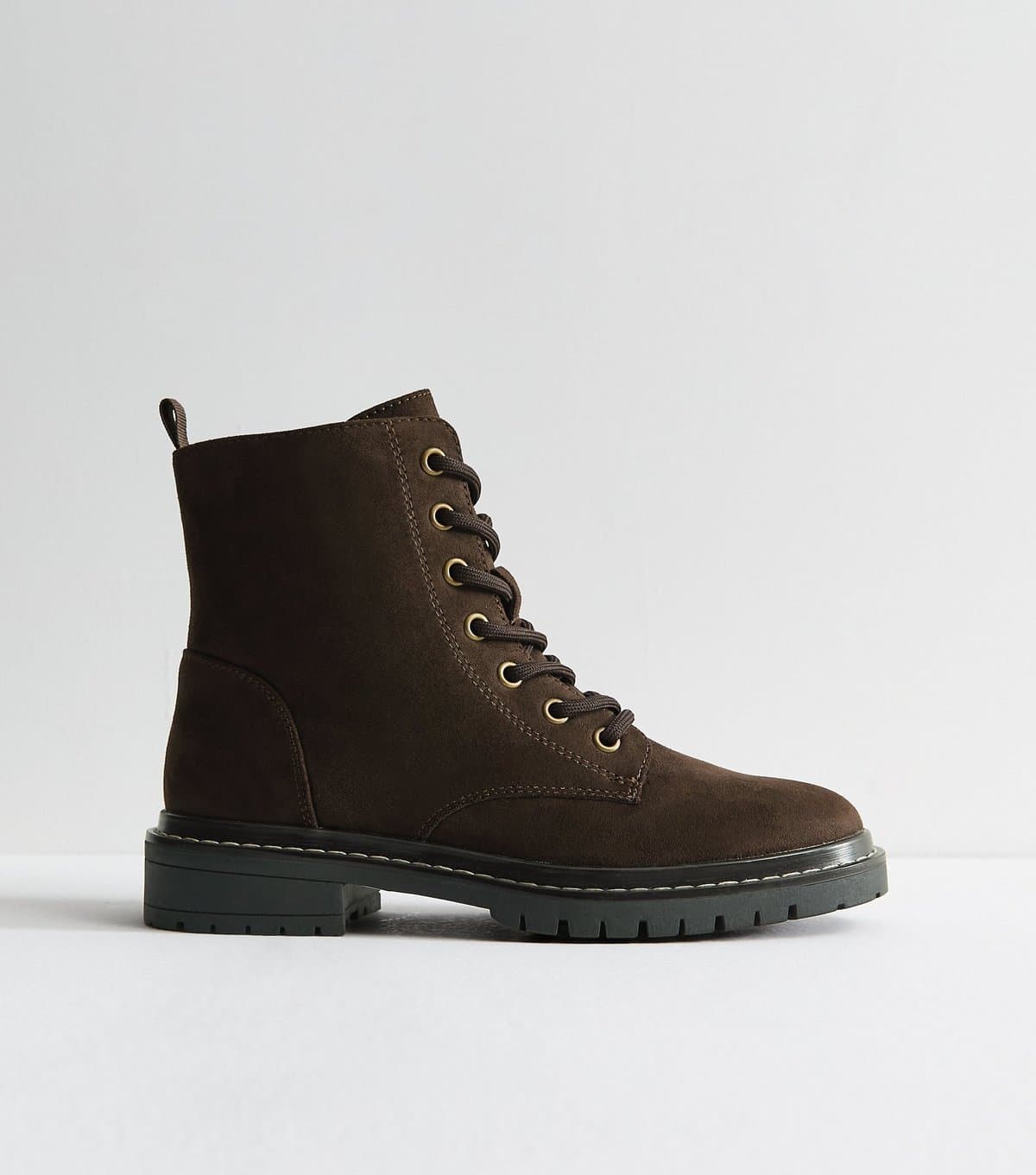 New Look Women's Dark Brown Faux Suede Stitch Trim Faux Lace Up Ankle Boots Vegan New Look