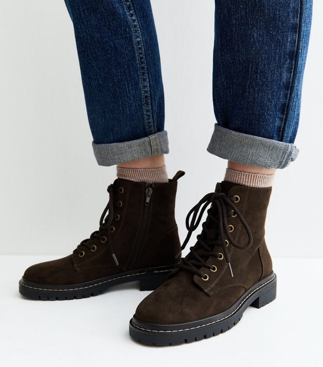 New Look Women's Dark Brown Faux Suede Stitch Trim Faux Lace Up Ankle Boots Vegan New Look - 2