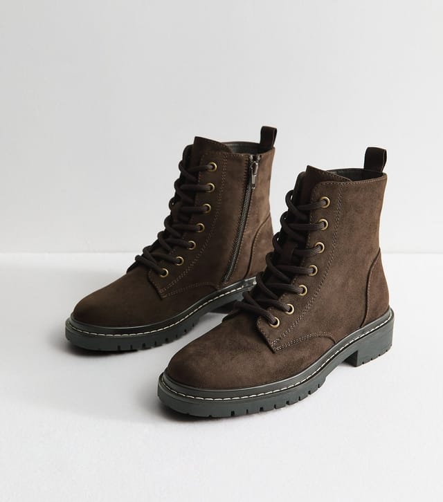 New Look Women's Dark Brown Faux Suede Stitch Trim Faux Lace Up Ankle Boots Vegan New Look - 3