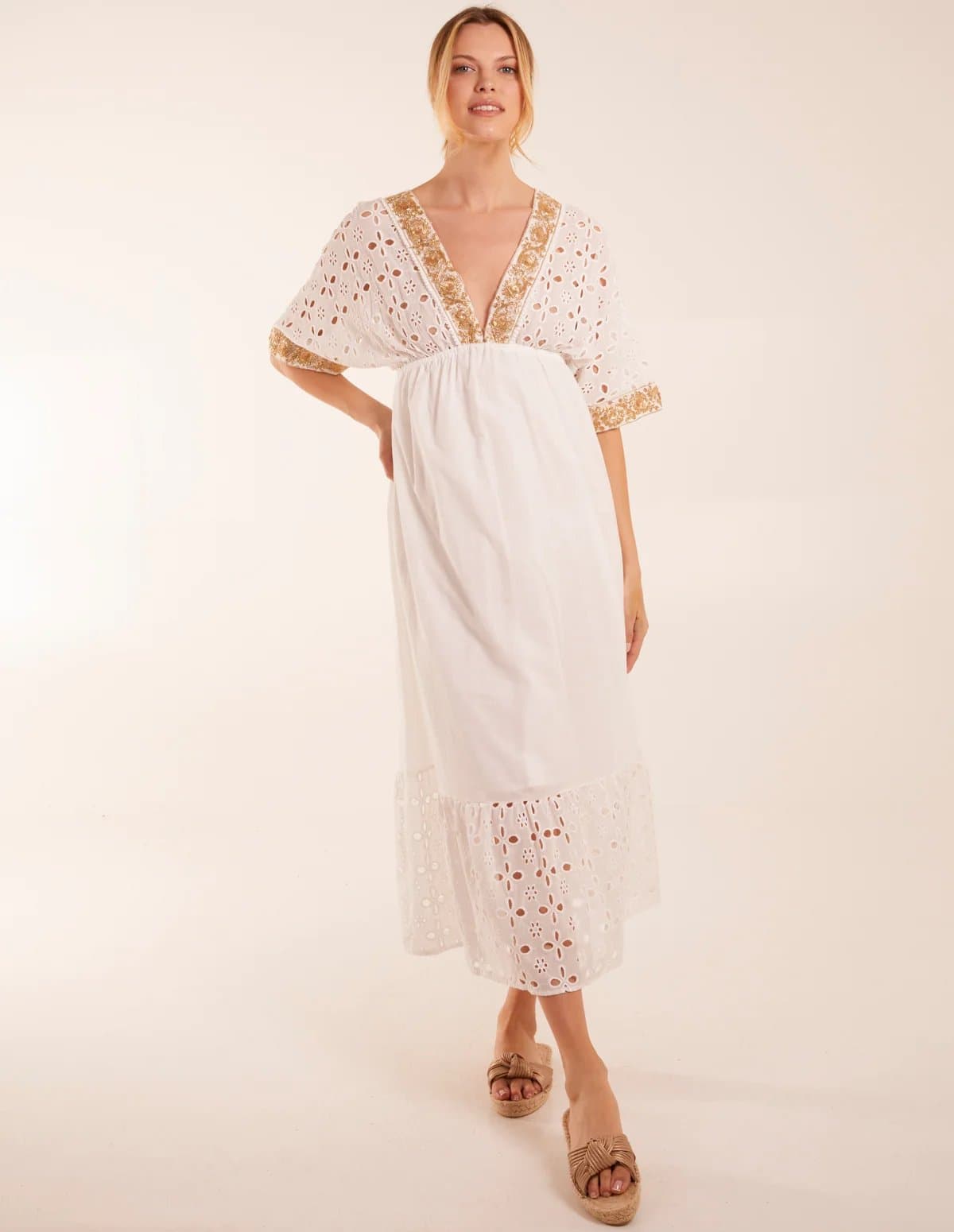 Blue Vanilla Broderie Anglaise V-Neck Short Sleeve Embellishment Detailing Dress