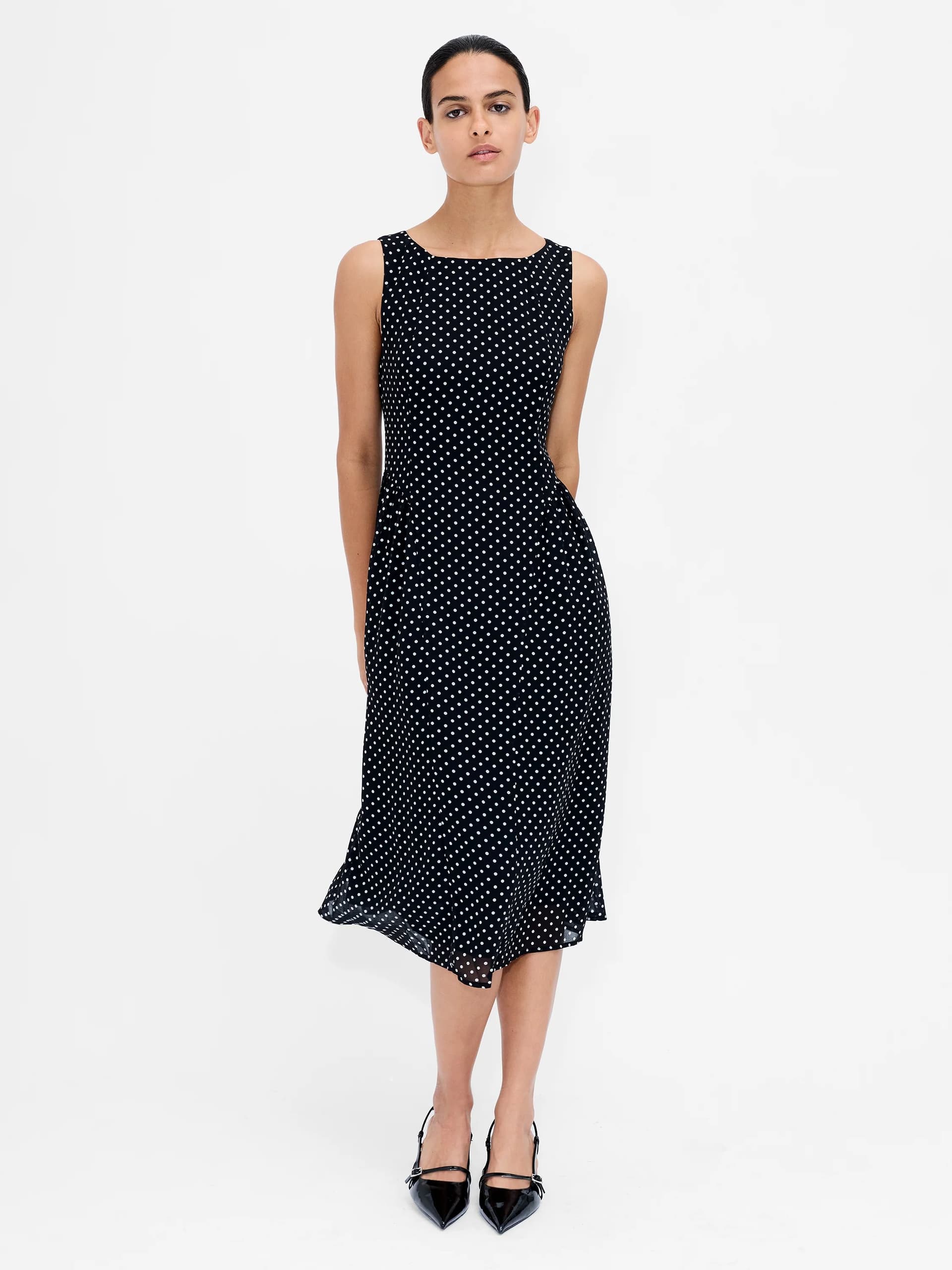 French Connection Black and White Polka Dot Sleeveless Tea Dress Black/White