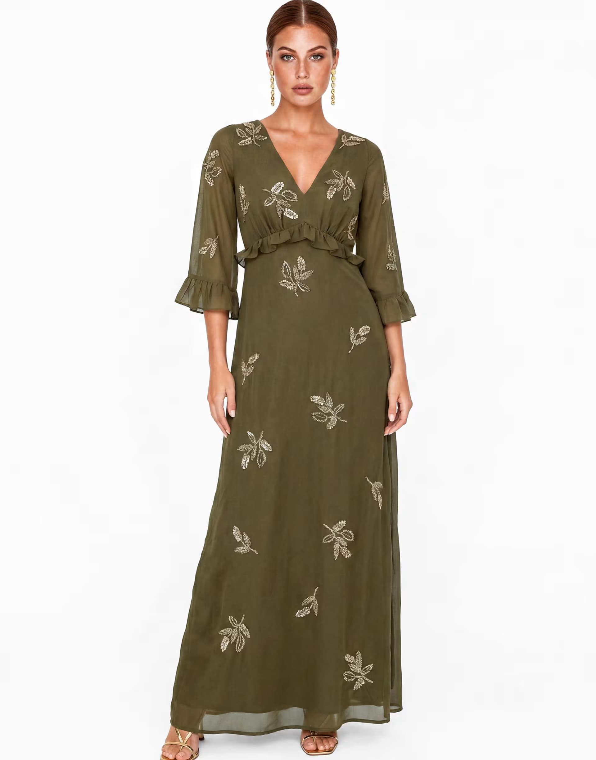 ASOS Maya Leaf embellished bell sleeve maxi dress in deep olive