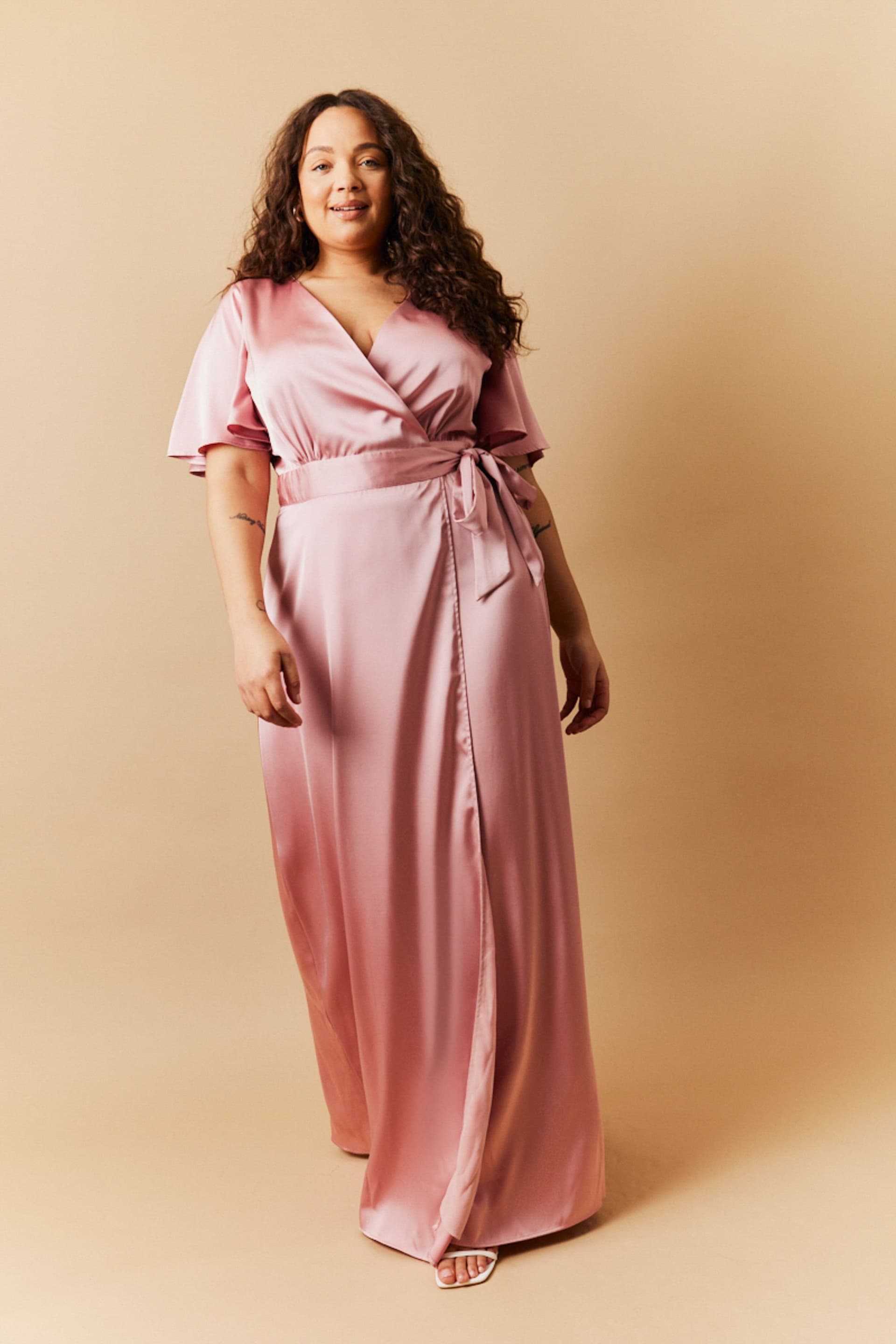 In The Style In The Style Pink Satin Wrap Tie Maxi Dress