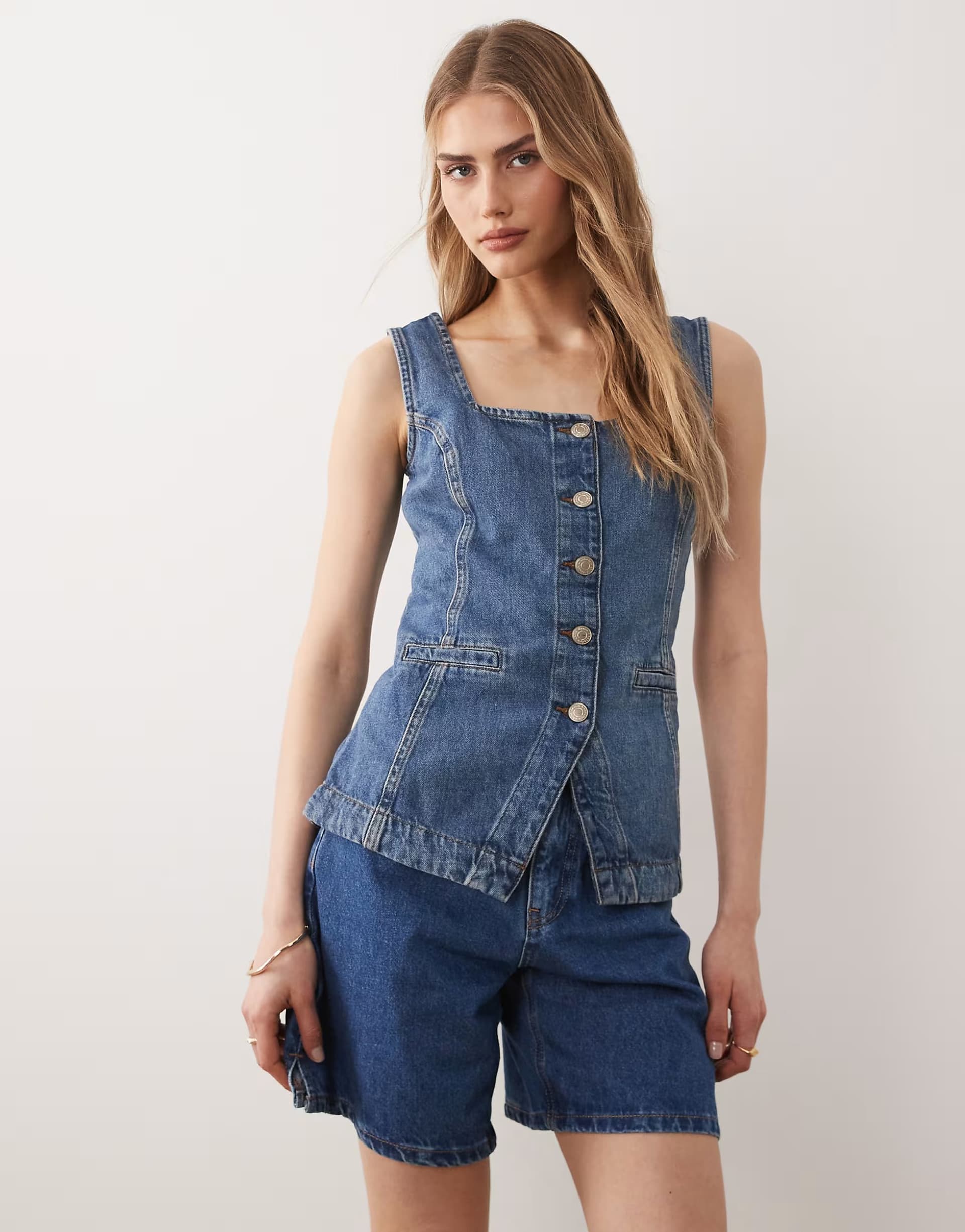 ASOS Nobody's Child Ezra denin square neck waistcoat in mid wash blue