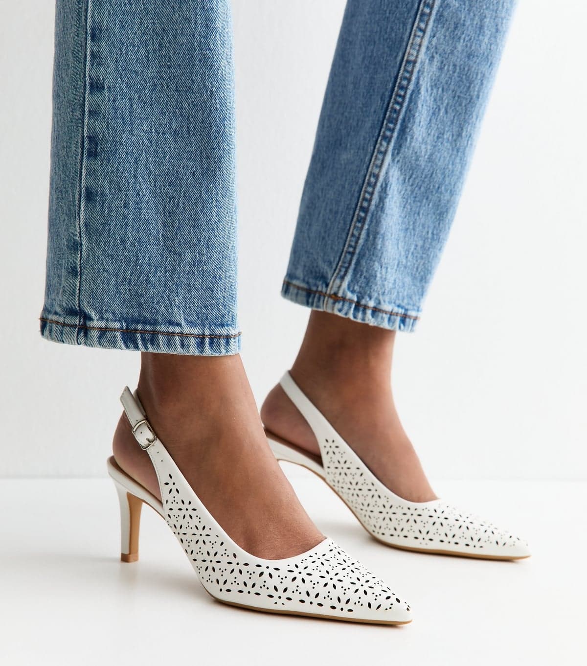 New Look Women's White Faux Leather Floral Cut Out Slingback Court Heels Vegan New Look