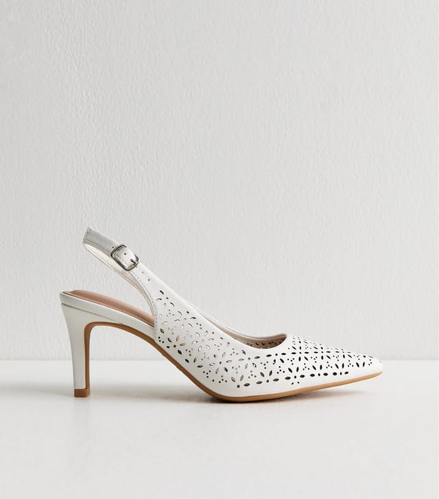 New Look Women's White Faux Leather Floral Cut Out Slingback Court Heels Vegan New Look - 2