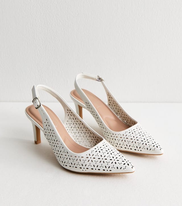 New Look Women's White Faux Leather Floral Cut Out Slingback Court Heels Vegan New Look - 3