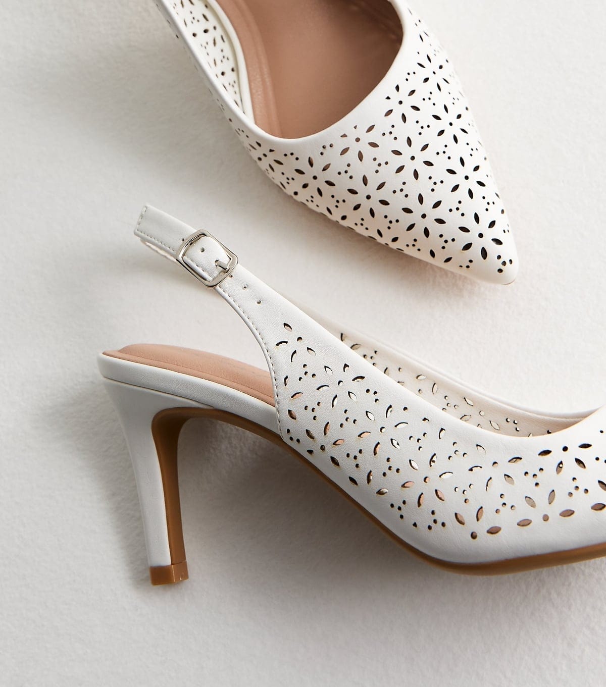 New Look Women's White Faux Leather Floral Cut Out Slingback Court Heels Vegan New Look - 4