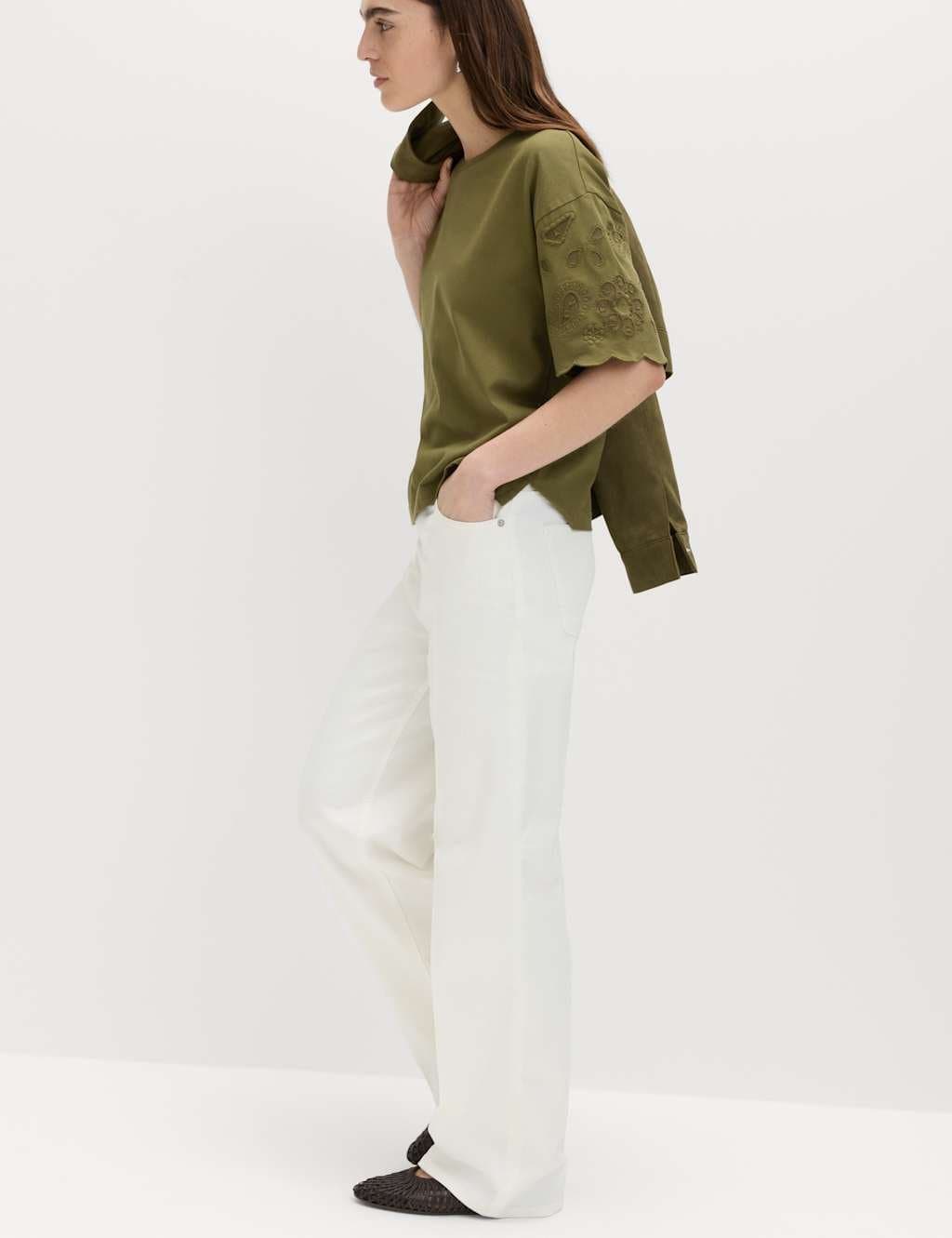 Marks & Spencer M&S Pure Cotton Broderie Boxy T-Shirt Khaki