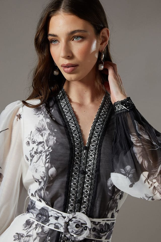 Coast Coast Women's Border Printed Organza Shirt Dress in Mono - 2