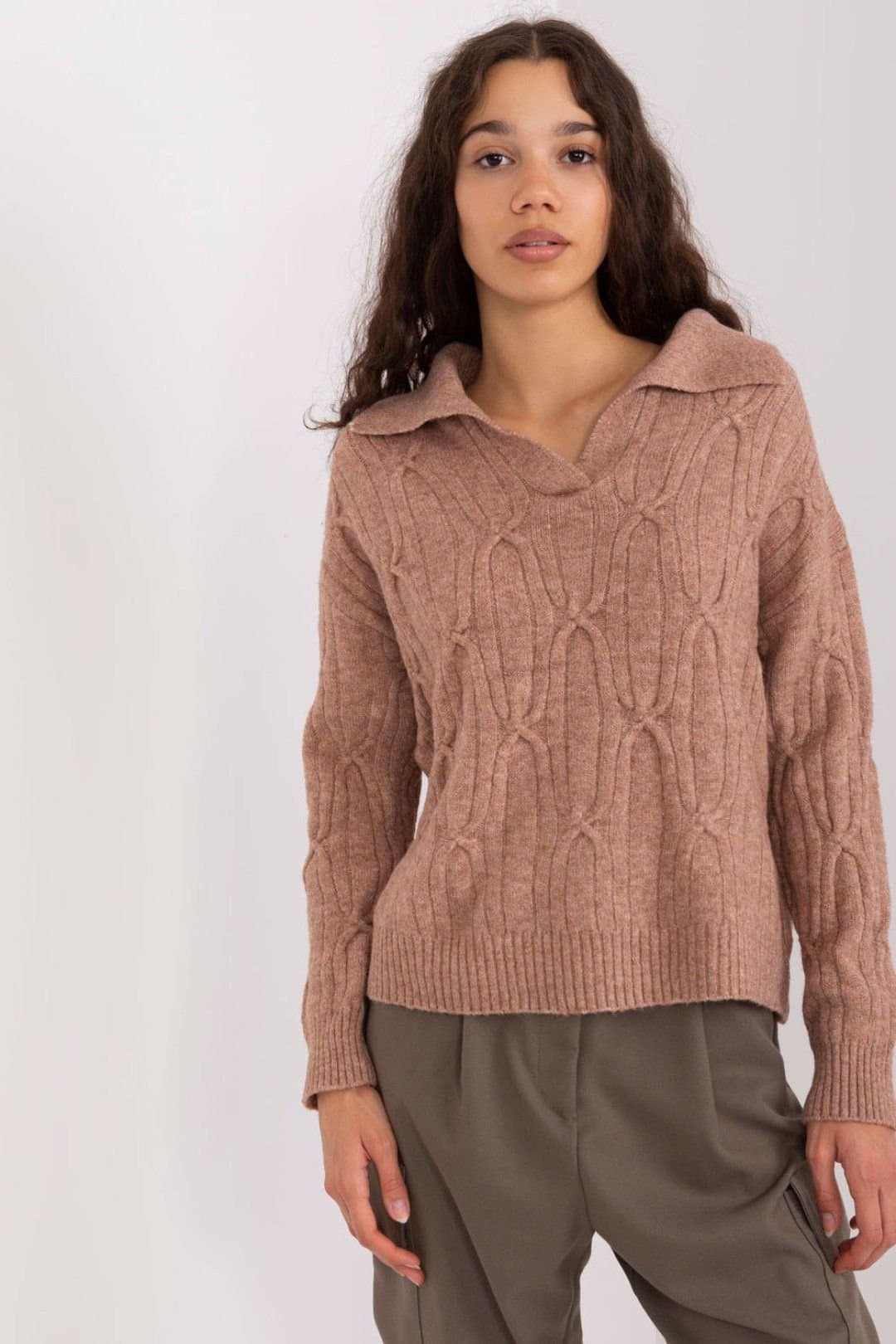 Love Lace Love Lace Women's Textured Acrylic Long Sleeve Sweater with Collar in Brown