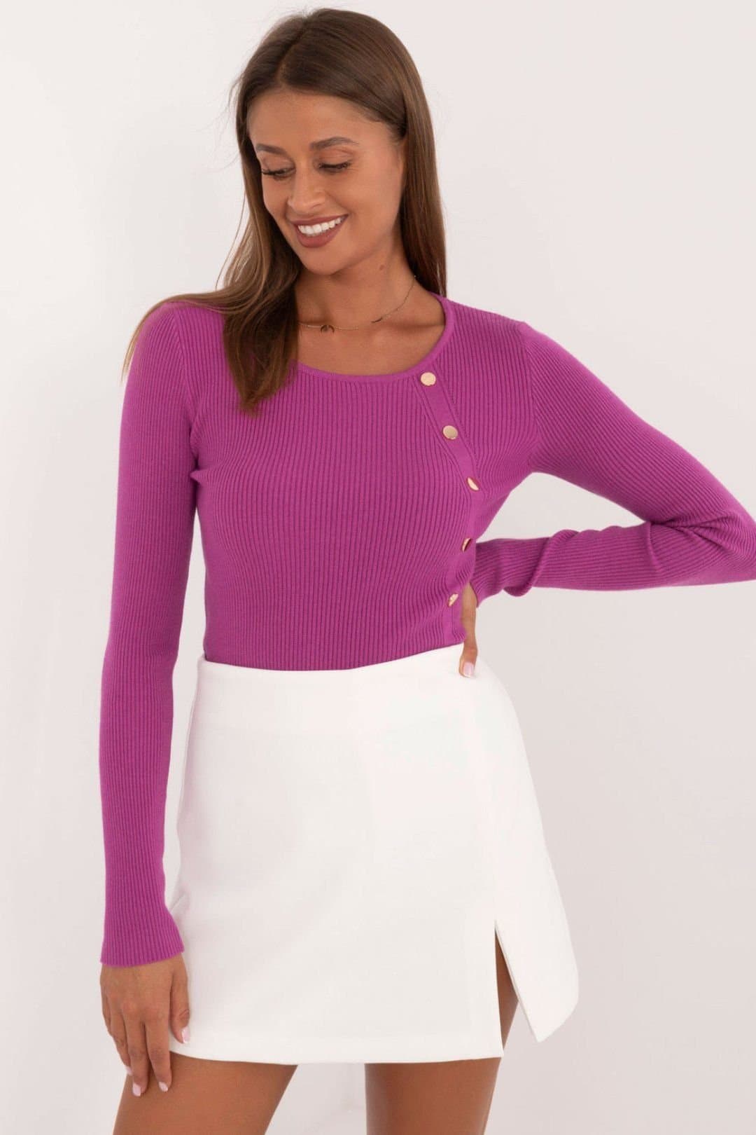 Love Lace Love Lace Women's Casual Ribbed Viscose Blend Button Sweater in Violet