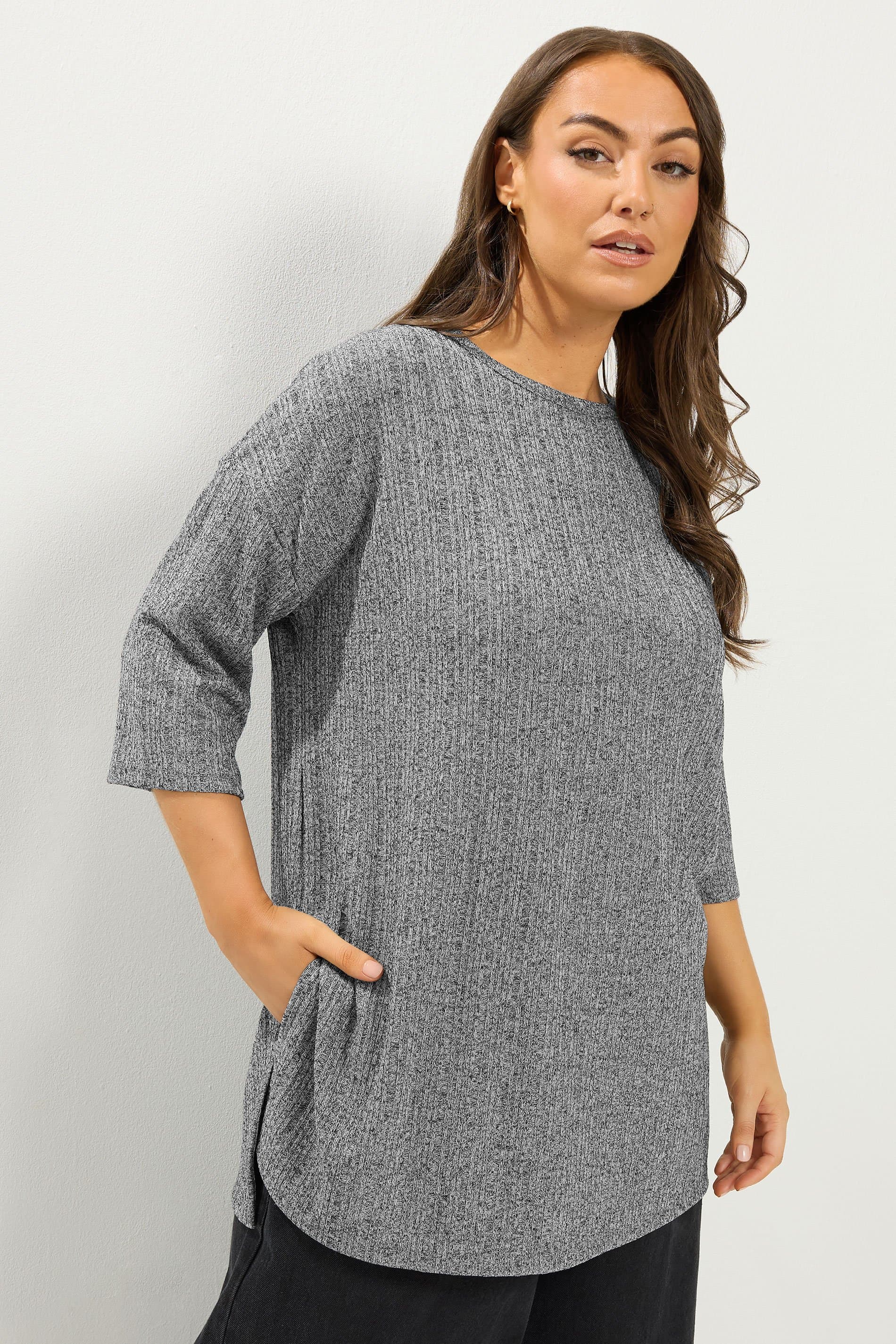 Yours Plus Size Grey Ribbed Drop Sleeve Top