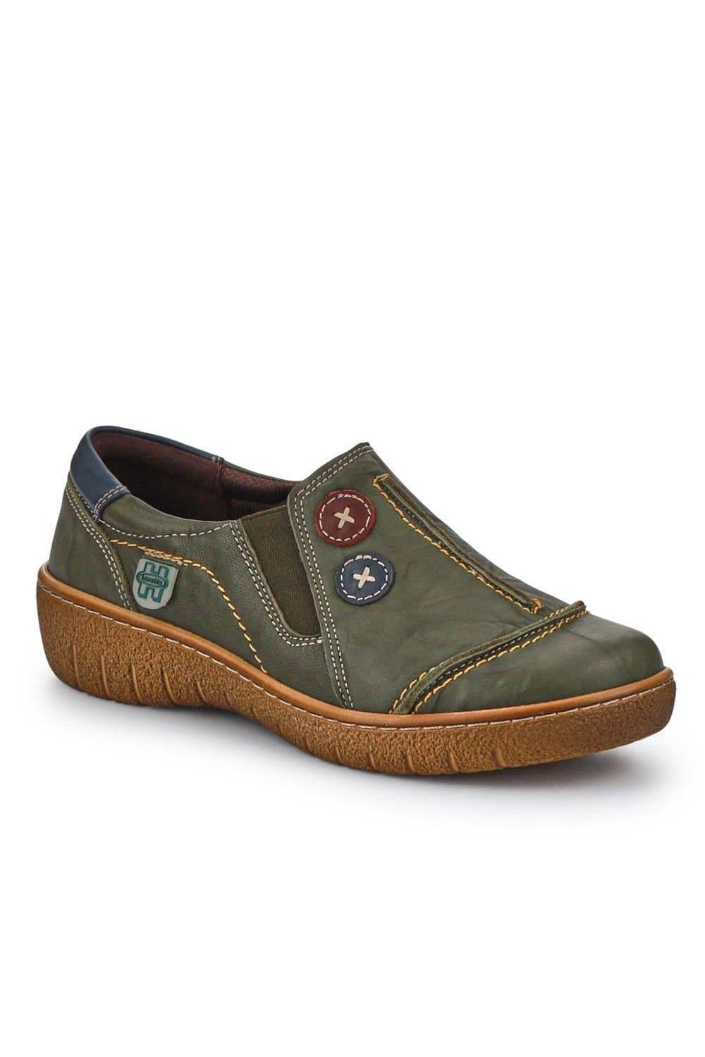 Pavers Pavers Women's Elasticated Leather Slip-On Shoes in Khaki