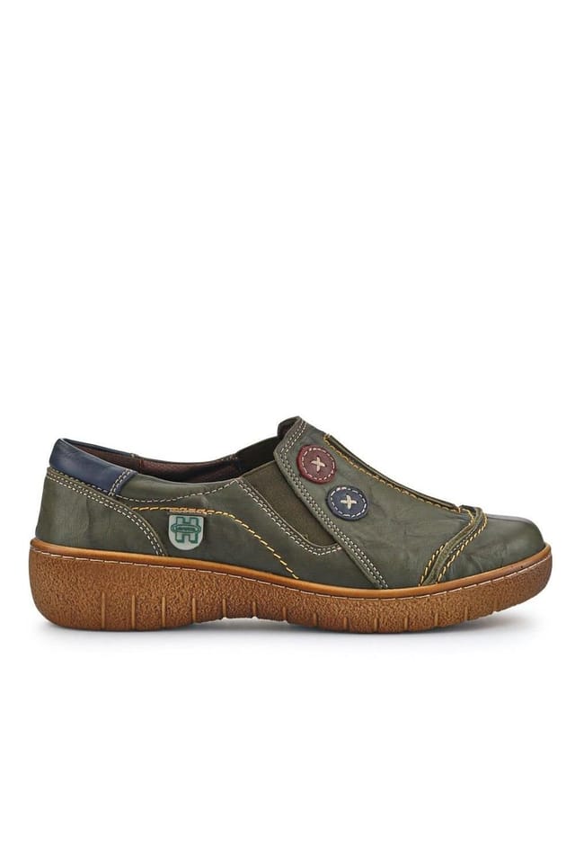 Pavers Pavers Women's Elasticated Leather Slip-On Shoes in Khaki - 2