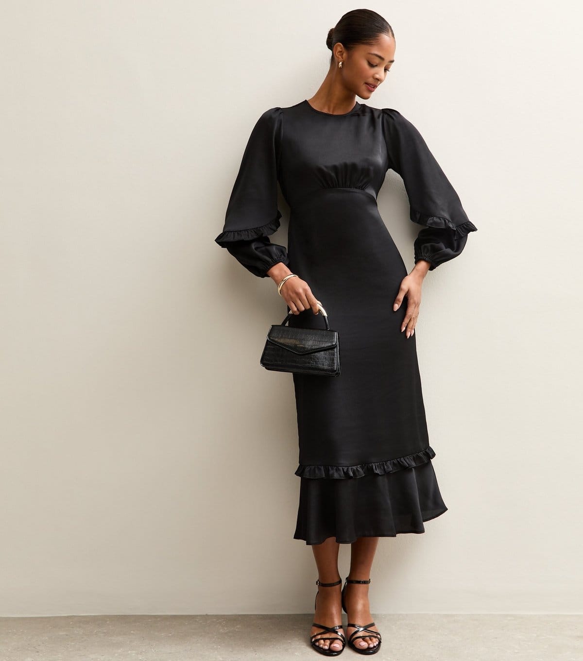 New Look Black Satin Frill Trim Midi Dress