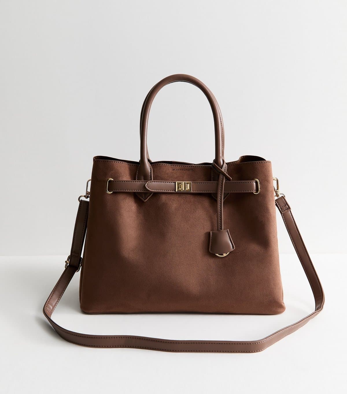 New Look Mink Faux Leather and Faux Suede Belted Tote Bag New Look