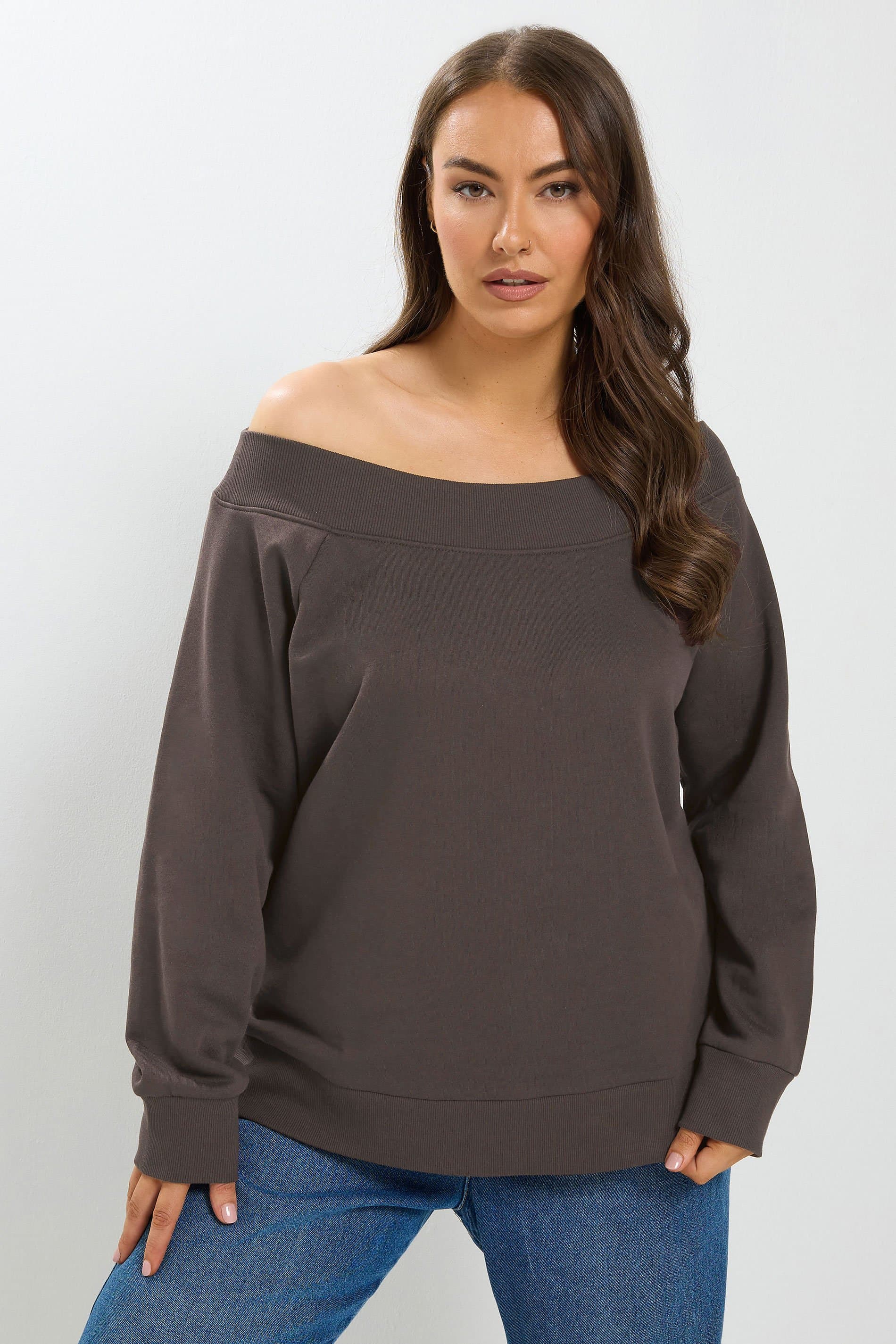 Yours Plus Size Chocolate Brown Off Shoulder Ribbed Sweatshirt