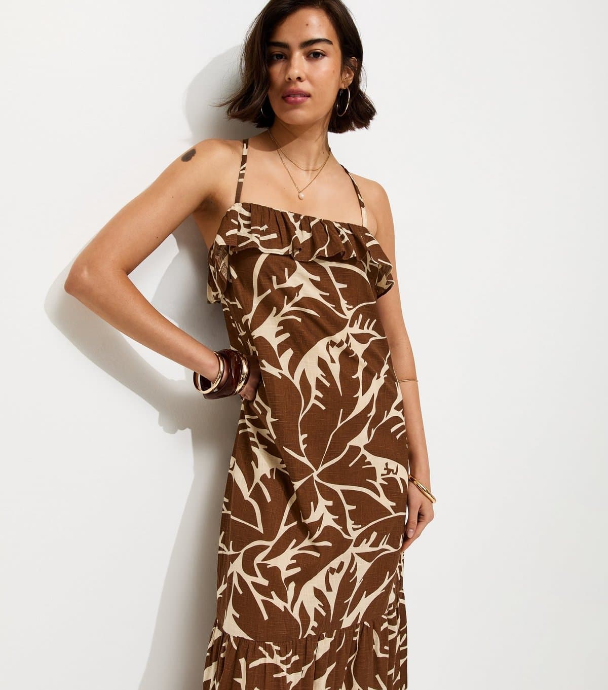 New Look Women's Brown Leaf Pattern Strappy Ruffle Midi Dress New Look