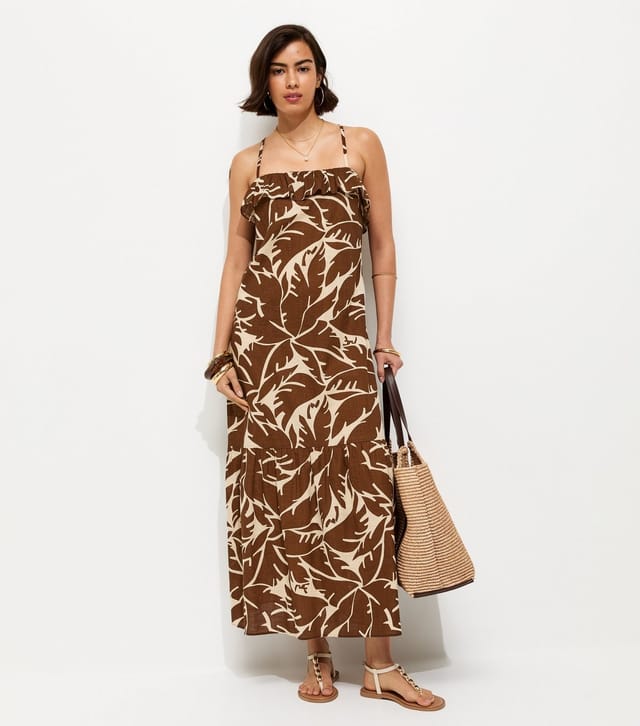 New Look Women's Brown Leaf Pattern Strappy Ruffle Midi Dress New Look - 2