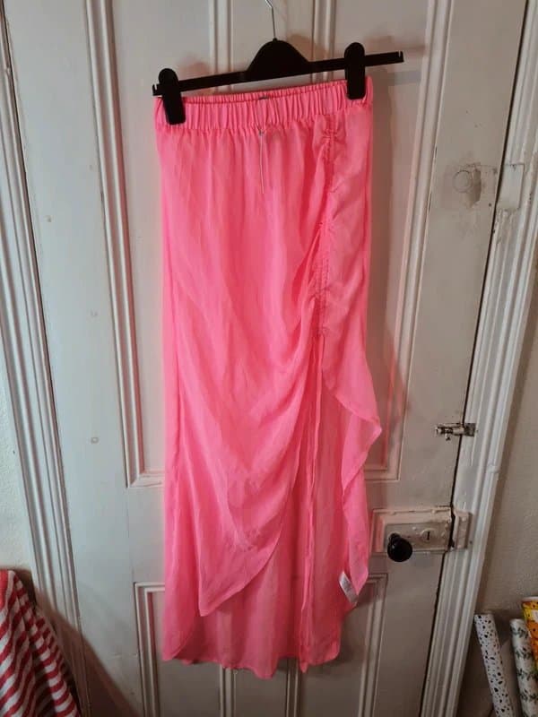 ASOS Bnwt new asos 8 sheer pink Chiffon ruched Drawstring skirt see through holiday Beach neon