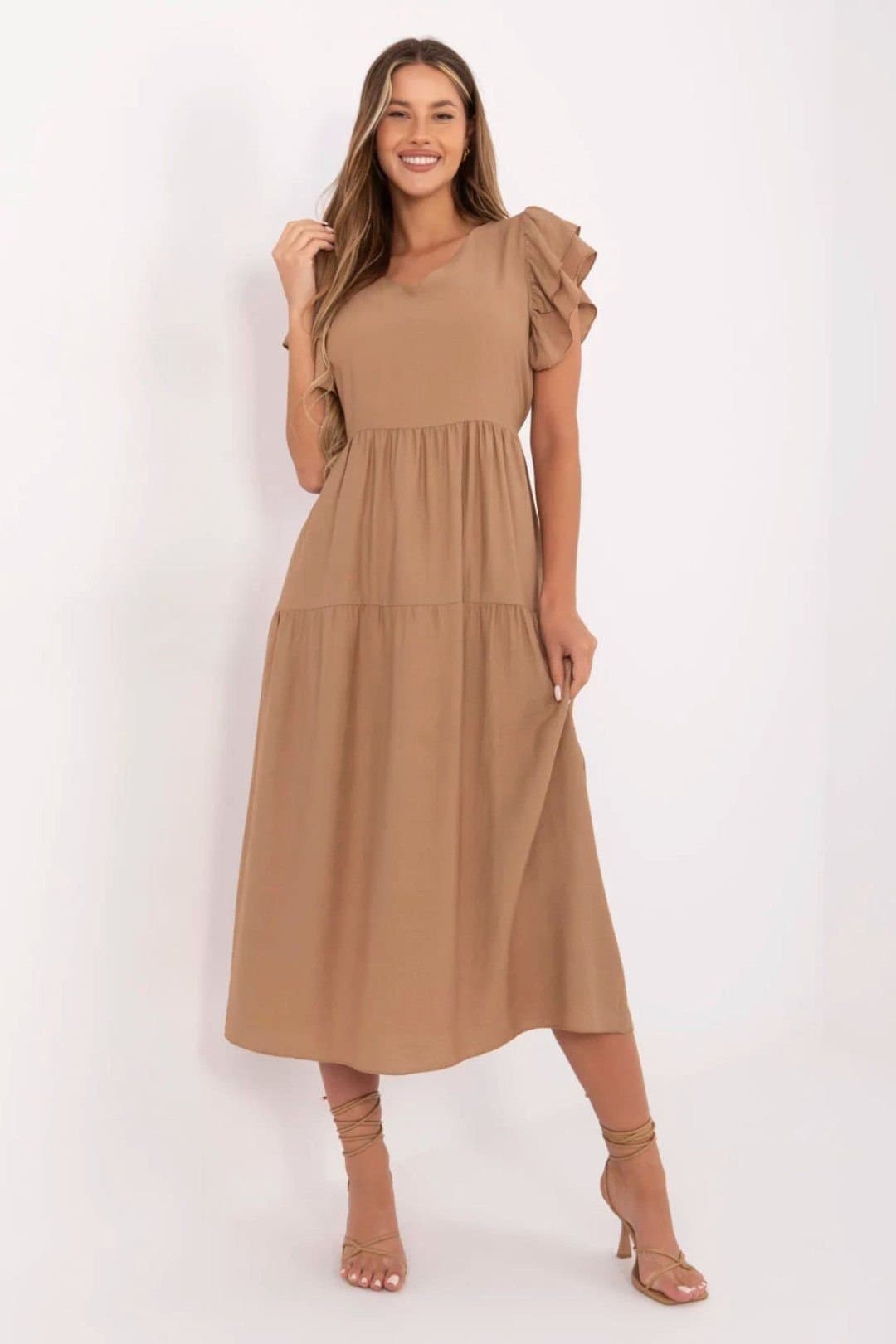 Love Lace Love Lace Women's Viscose Nylon Midi Flared Summer Dress in Brown