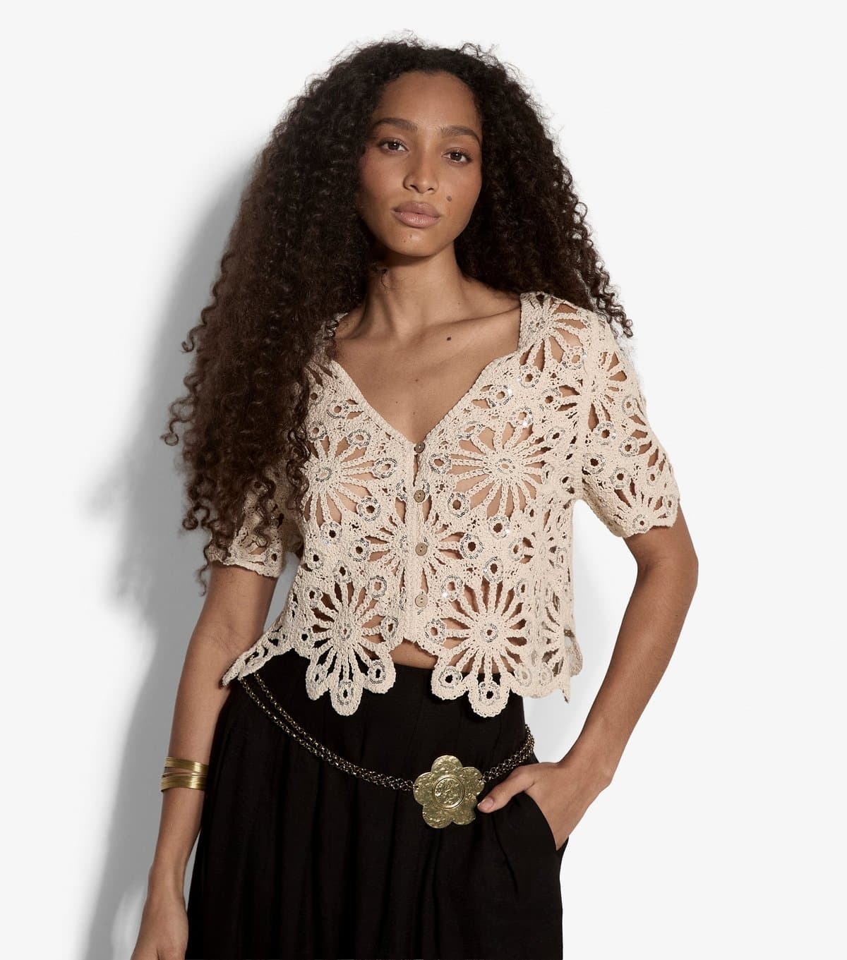 Apricot Women's Cream Open Crochet Sequin Cardigan Apricot New Look