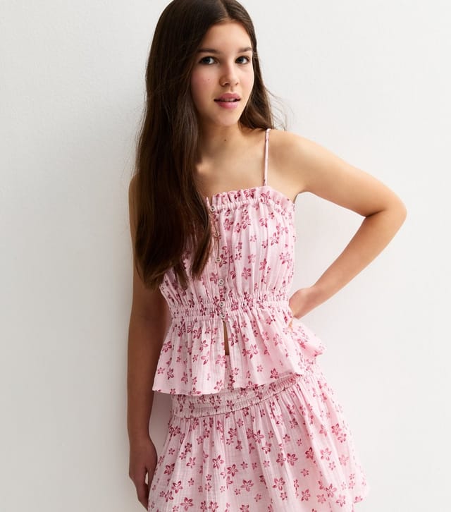 New Look Girls' Pink Cotton Floral Ruched Cami Top New Look - 2