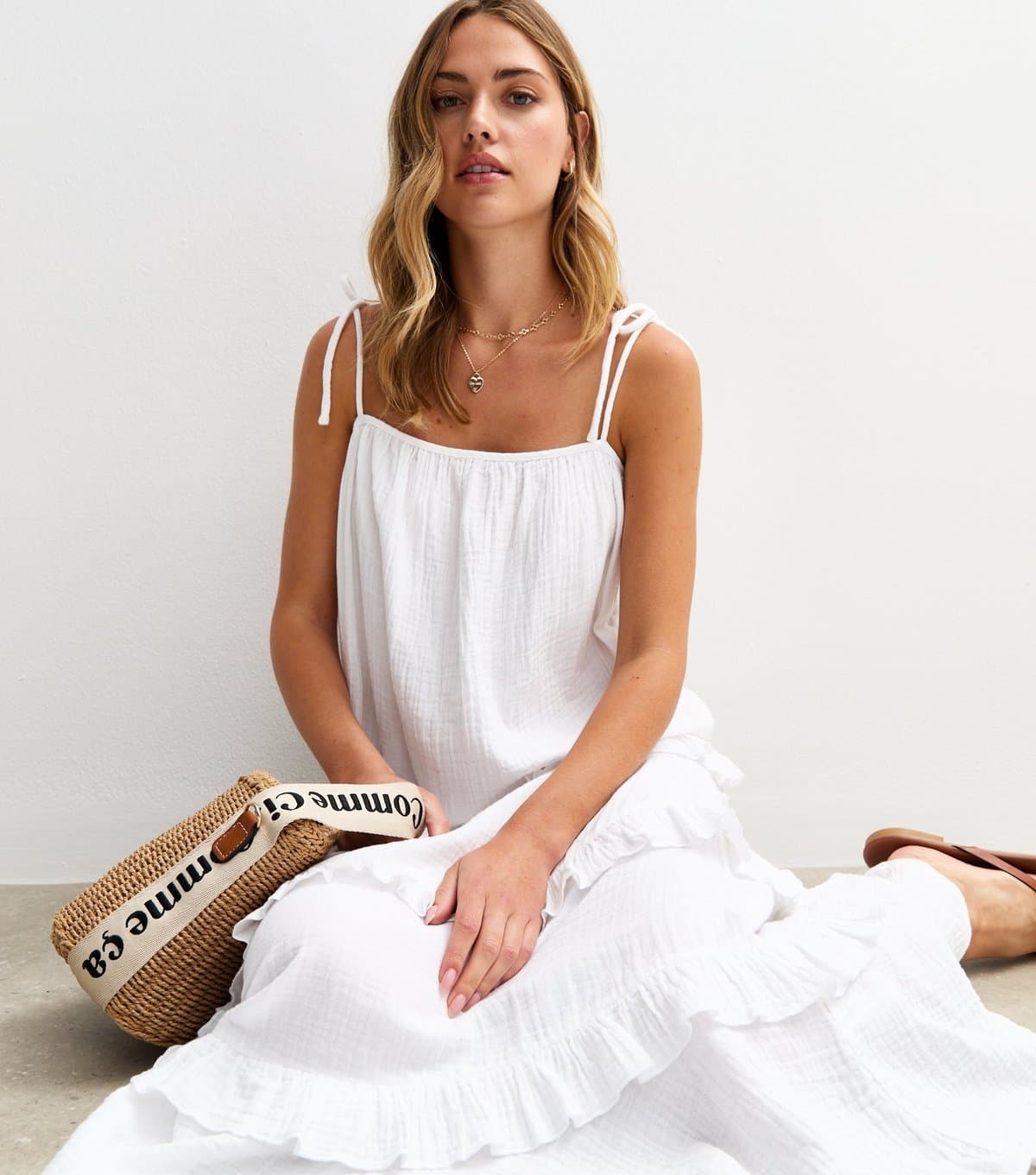 New Look New Look White Crinkled Frilly Trim Midi Dress