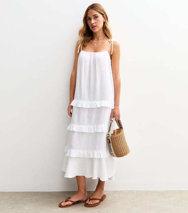 New Look Women's White Crinkled Frilly Trim Midi Dress New Look - 3