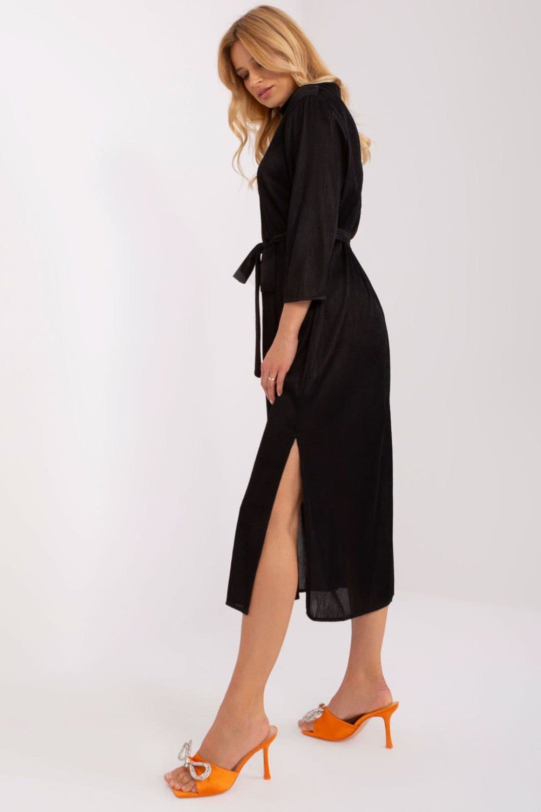 Love Lace Love Lace Women's Ribbed V Neck Tie Waist Midi Dress in Black