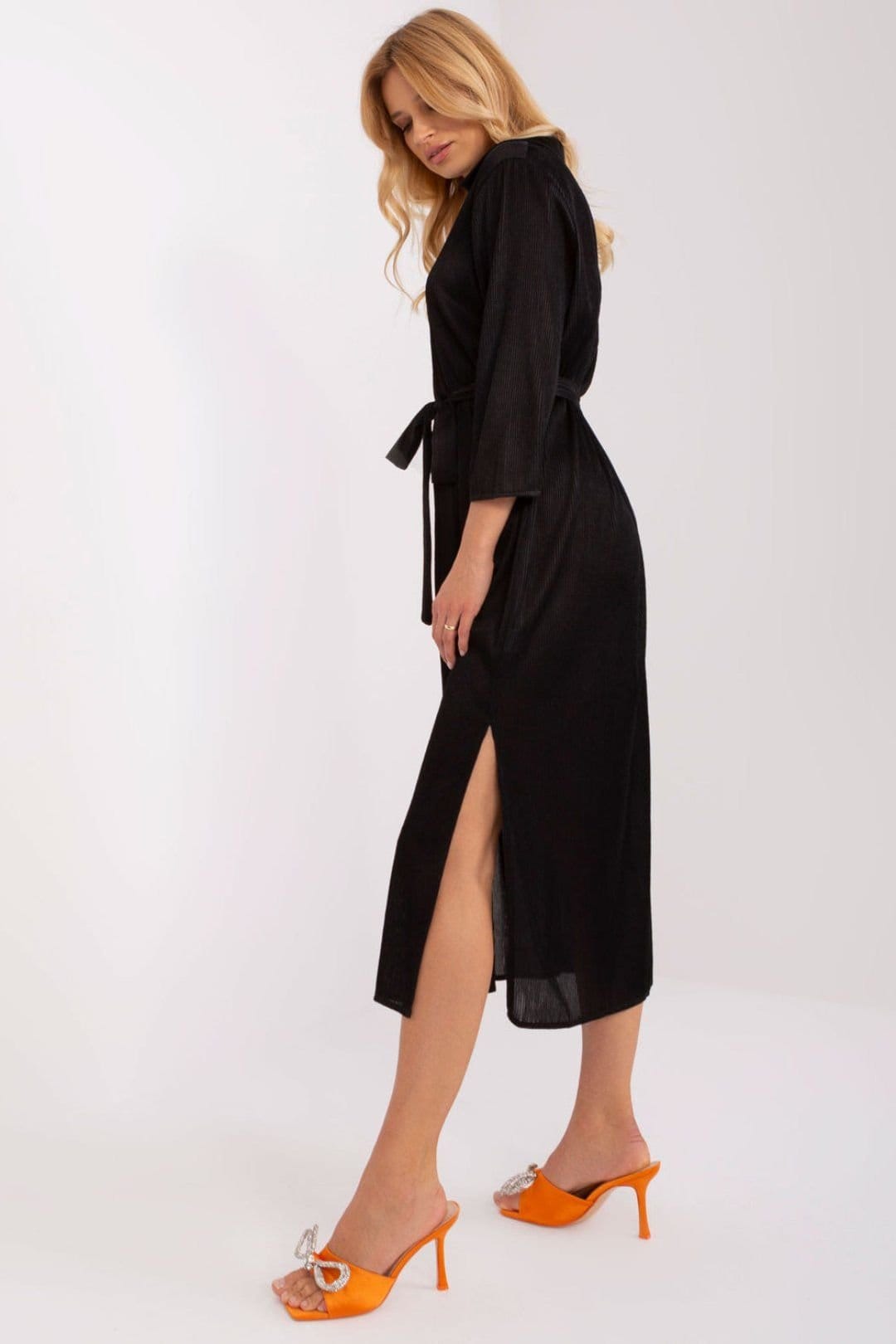 Love Lace Black Ribbed V-Neck Tie Waist Midi Dress