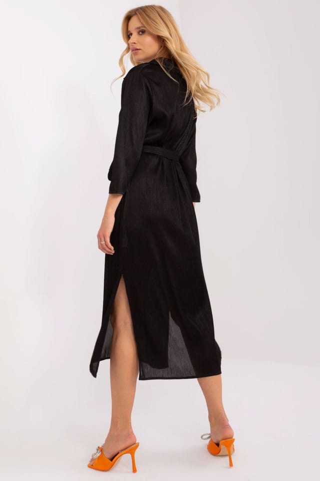 Love Lace Love Lace Women's Ribbed V Neck Tie Waist Midi Dress in Black - 2