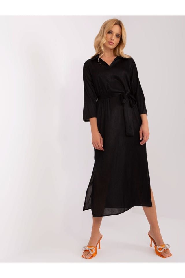 Love Lace Love Lace Women's Ribbed V Neck Tie Waist Midi Dress in Black - 3