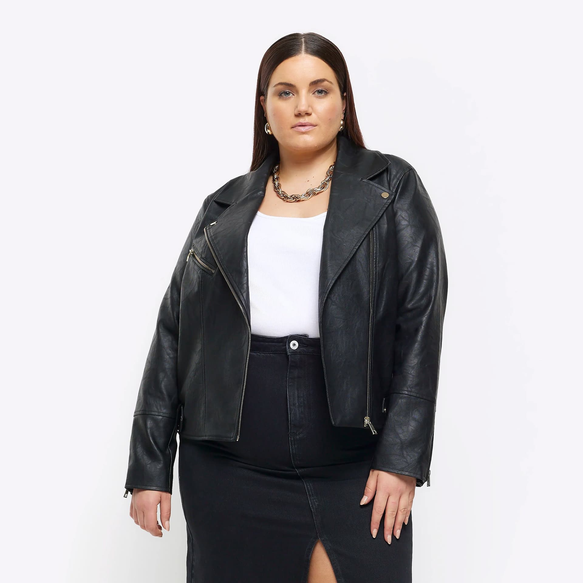 River Island River Island Womens Plus Black Faux Leather Biker Jacket