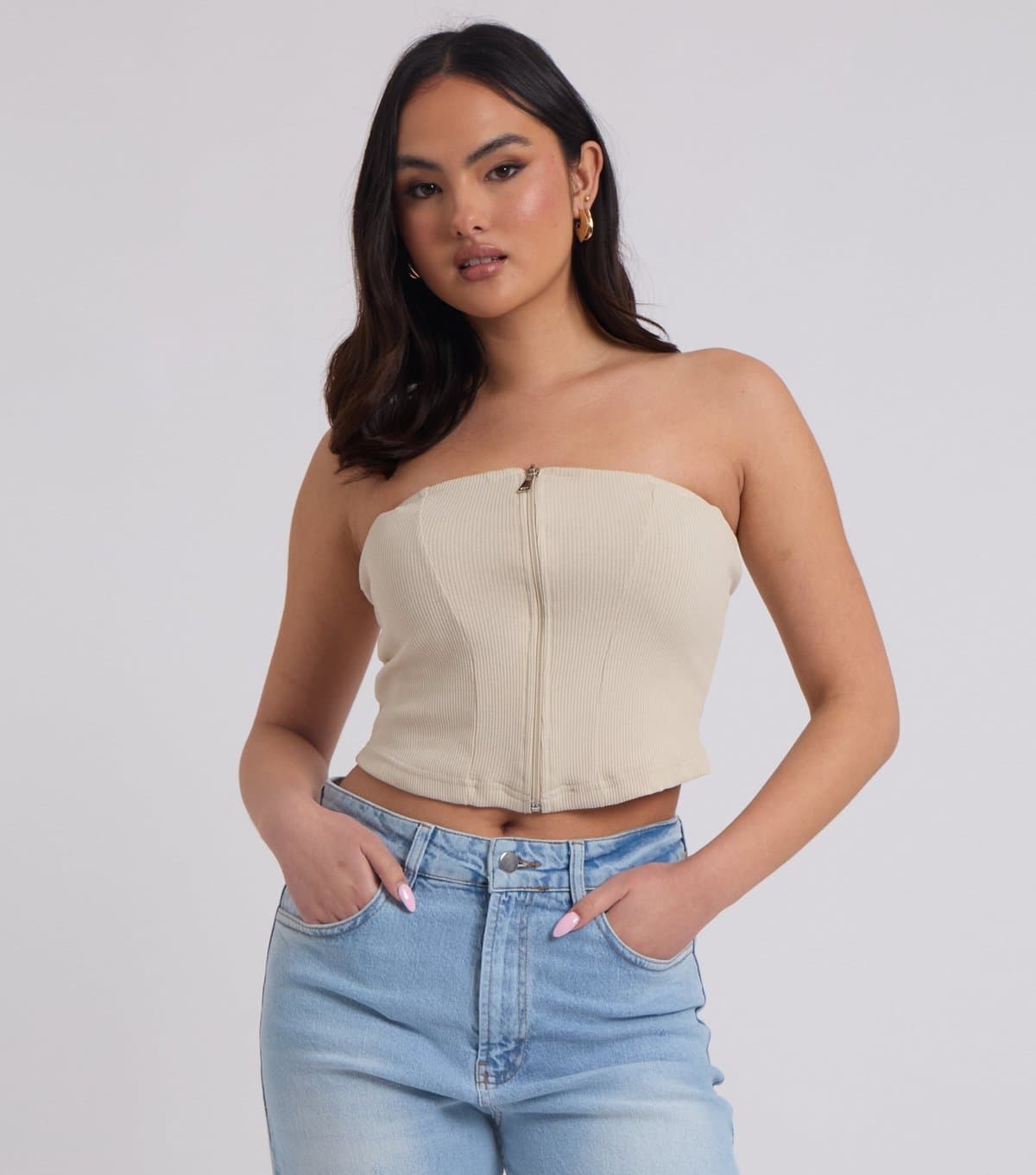 Urban Bliss Urban Bliss Cream Ribbed Zip-Up Corset Top