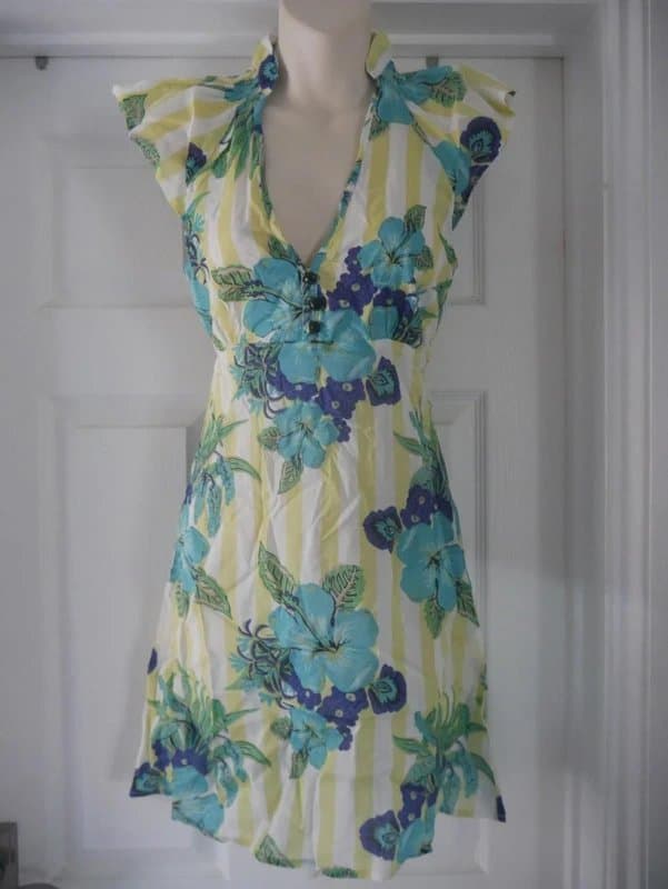 Carbon Carbon Dress Ladies Size 8 Yellow Stripe Flowers Cotton Summer Holiday Tea Dress