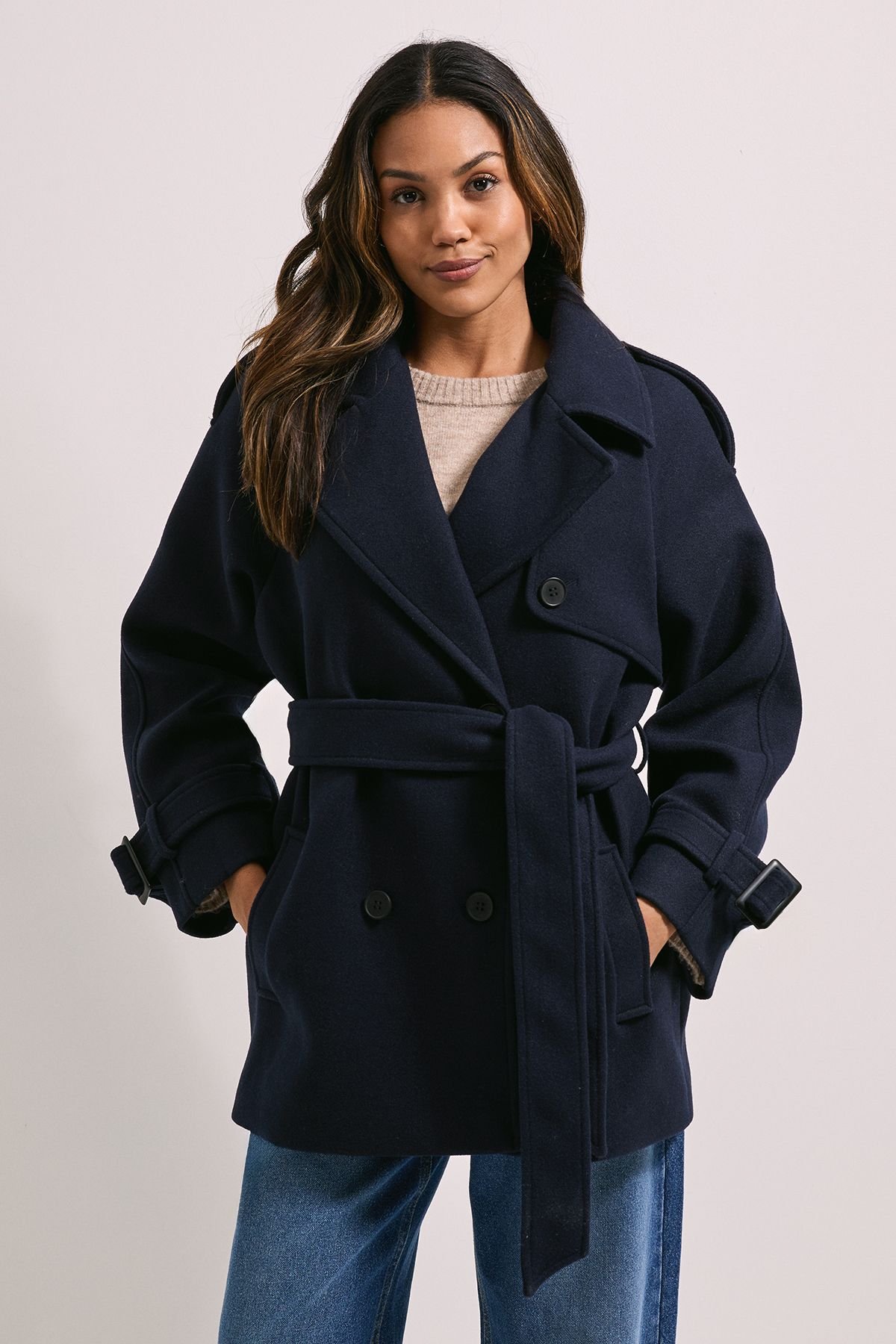 Dorothy Perkins Dorothy Perkins Women's Tab Detail Belted Coat in Navy - 2
