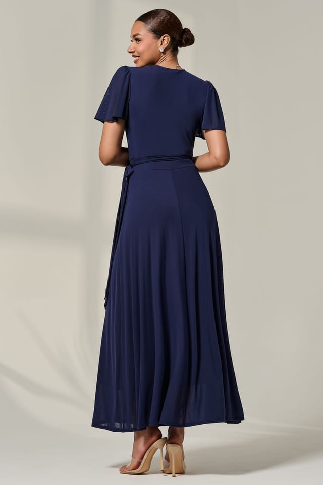 Jolie Moi Jolie Moi Women's Angel Sleeve Wrapped Mesh Maxi Dress in Navy - 2