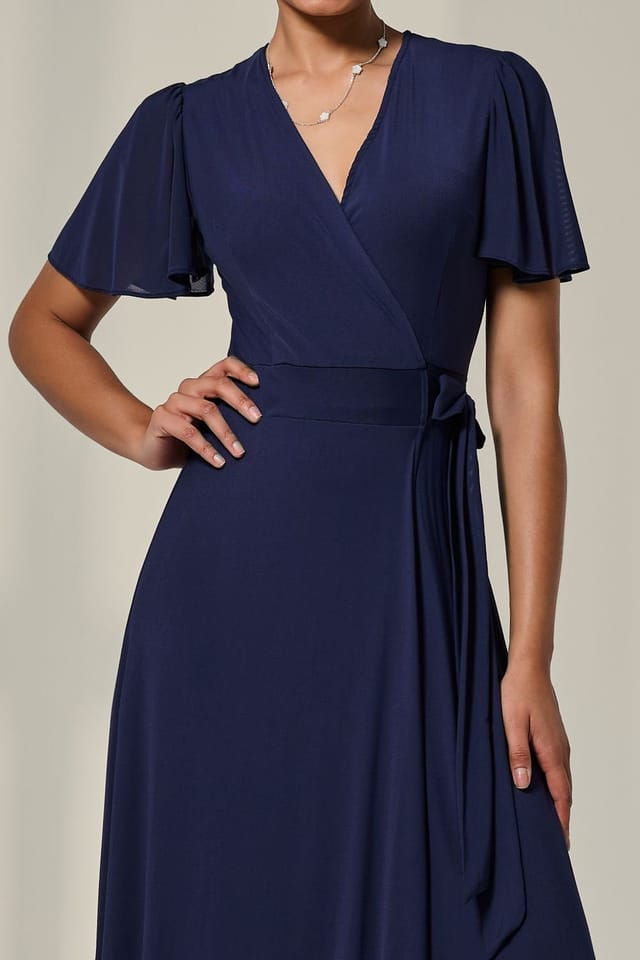 Jolie Moi Jolie Moi Women's Angel Sleeve Wrapped Mesh Maxi Dress in Navy - 3